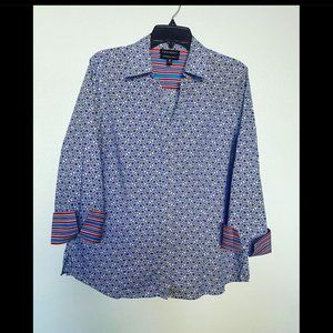 FoxCroft Blue/Red Geometric 3/4 Sleeve Blouse